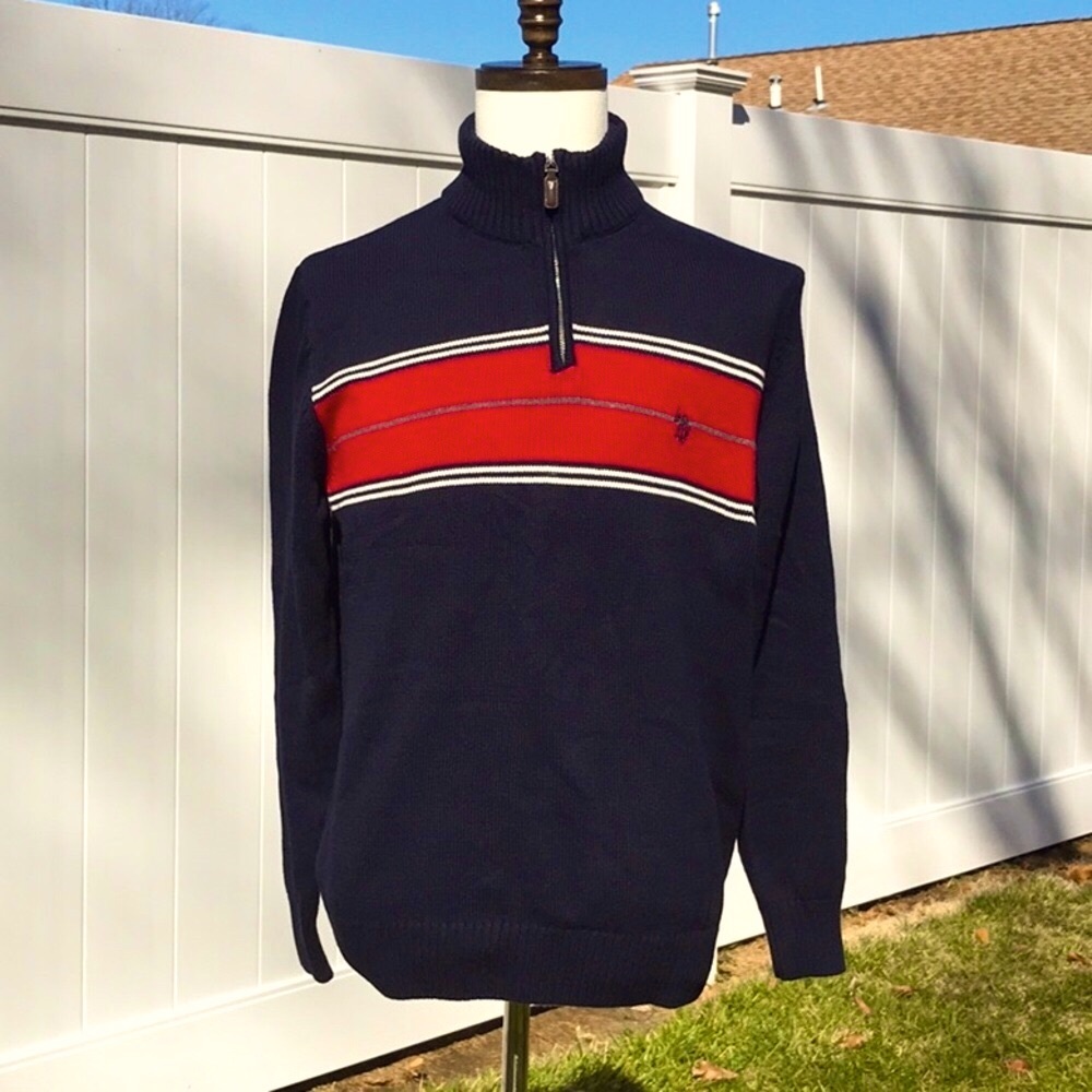 NWT U.S. Polo Assn. Cozy Red and Blue Zip Up Sweater Size Large
